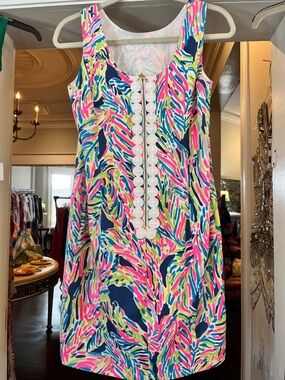 Lilly Pulitzer Neon multicolor Nancy Indigo Palm Reader Print Shift Dress Size 4